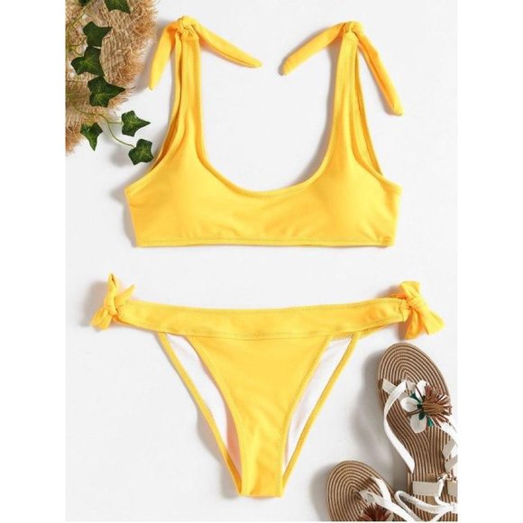 ZAFUL Tie Side Bralette Bikini Set Yellow